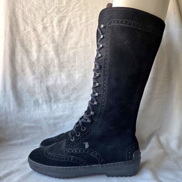 Tod's Women's Tall Knee High Suede Wingtip Brogue Lace Up Boots Black Sz 38/US 8 - Picture 1 of 10